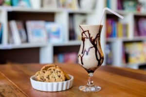 Frappe Coffee with Chocolate Sauce and Chocolate Chip Cookies